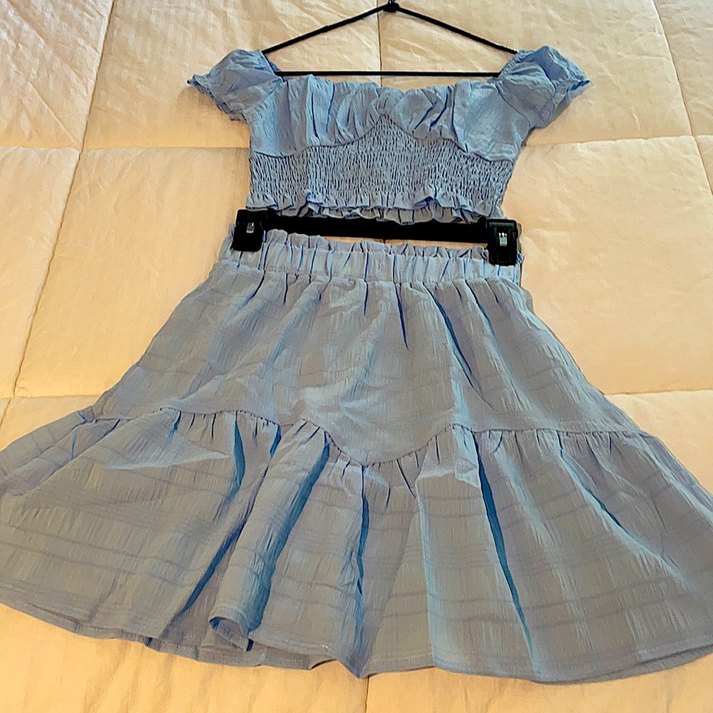 2 piece powder blue skirt and top set